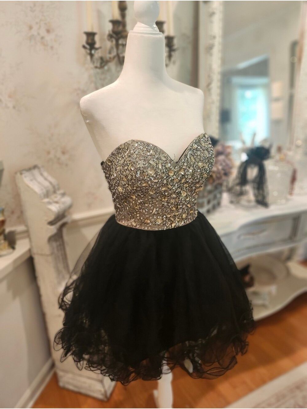 Aspeed Y2K Black Tulle Beaded Strapless Party LA Cocktail Party Dress Small